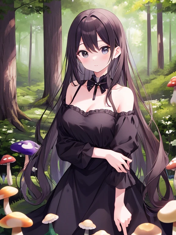 1girl, bare shoulders, black dress, black hair, breasts, closed mouth, dress, earrings, flower, hair flower, hair ornament, hairband, jewelry, medium breasts, long hair, looking at viewer, red eyes, sidelocks, sleeveless, solo, upper body, black background, (mushroom on head:1.3) , ((masterpiece))