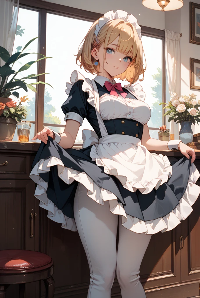 masterpiece, 1girl, rabbit ears, maid outfit, holding tray,indoors, restaurant, smile, thighs, happy, (iwanagakotoko:0.9), ultra detailed, beautiful body, beautiful face, blonde hair, short hair, iwanaga kotoko, cute, good anatomy, highest quality, fullbody, standing, sweet