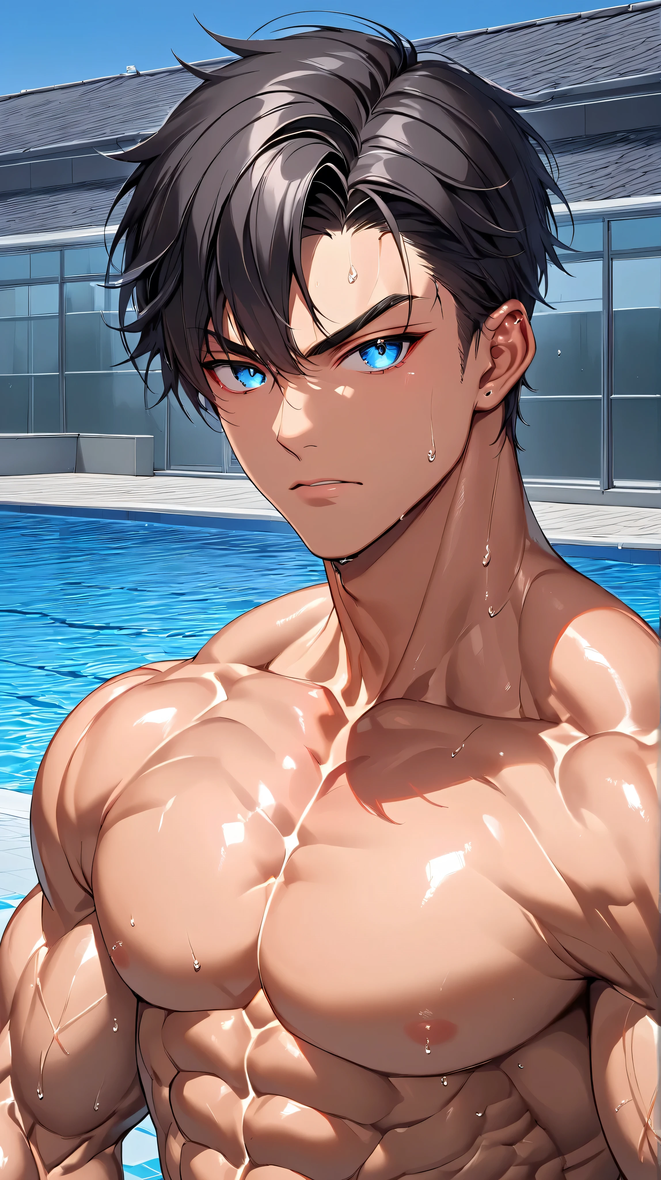 (score_9,score_8_up,score_7_up,score_6_up,score_5_up,score_4_up), best quality, best lighting, high-definition background, in FGO style, 1 boy is 18 yo, muscled, topless, swimware, (long bulge), smiling, public pool