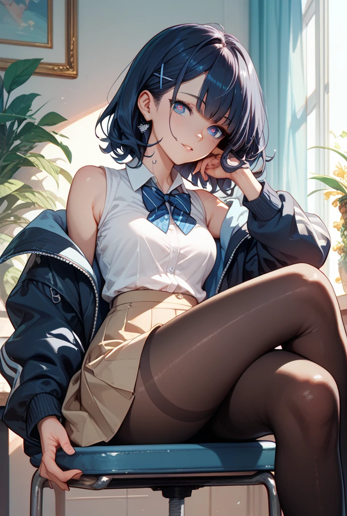 (On the table, best quality, high resolution, , Pixel Perfect, 4k,), 1 girl, single, Solitary, Beautiful woman、I can see the whole body.、 ((Wavy short hair, Bangs, brown hair)), ((Brown eyes, beautiful eyelashes, Practical eyes)), ((Delicate face, blush:1.2)), ((Smooth texture:0.75, Practical texture:0.65, Practical:1.1, Anime CG style)), Medium breasts, Dynamic angle, Perfect body, ((, Female students, , earrings、necklace、School、Black long flared skirt、Black knee-high socks、Legs open、、Shy laugh、Sitting at the desk in the classroom、touch your breasts with both hands)), Senior grades、、、night、、(Yellow lace panties clearly visible、、、From the angle from below)、Oversized chest，