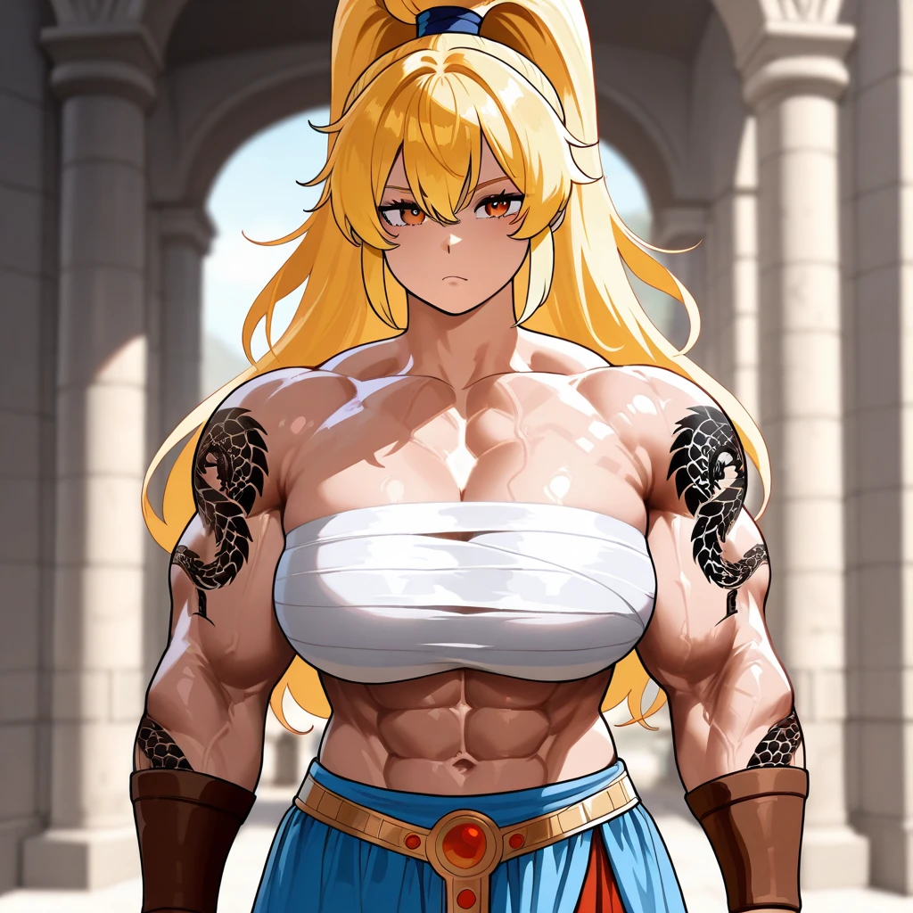 Female son goku, 1girl, beautiful face, (feminime face), angry, battle damage, blonde hair, blue sash, clenched teeth, furious, green eyes, female focus, muscular, muscular female, pectorals, sash, solo, spiked hair, (super saiyan, super saiyan 3), teeth, topless female, torn clothes, wristband, ((masterpiece)), ((huge breast: 1.9))