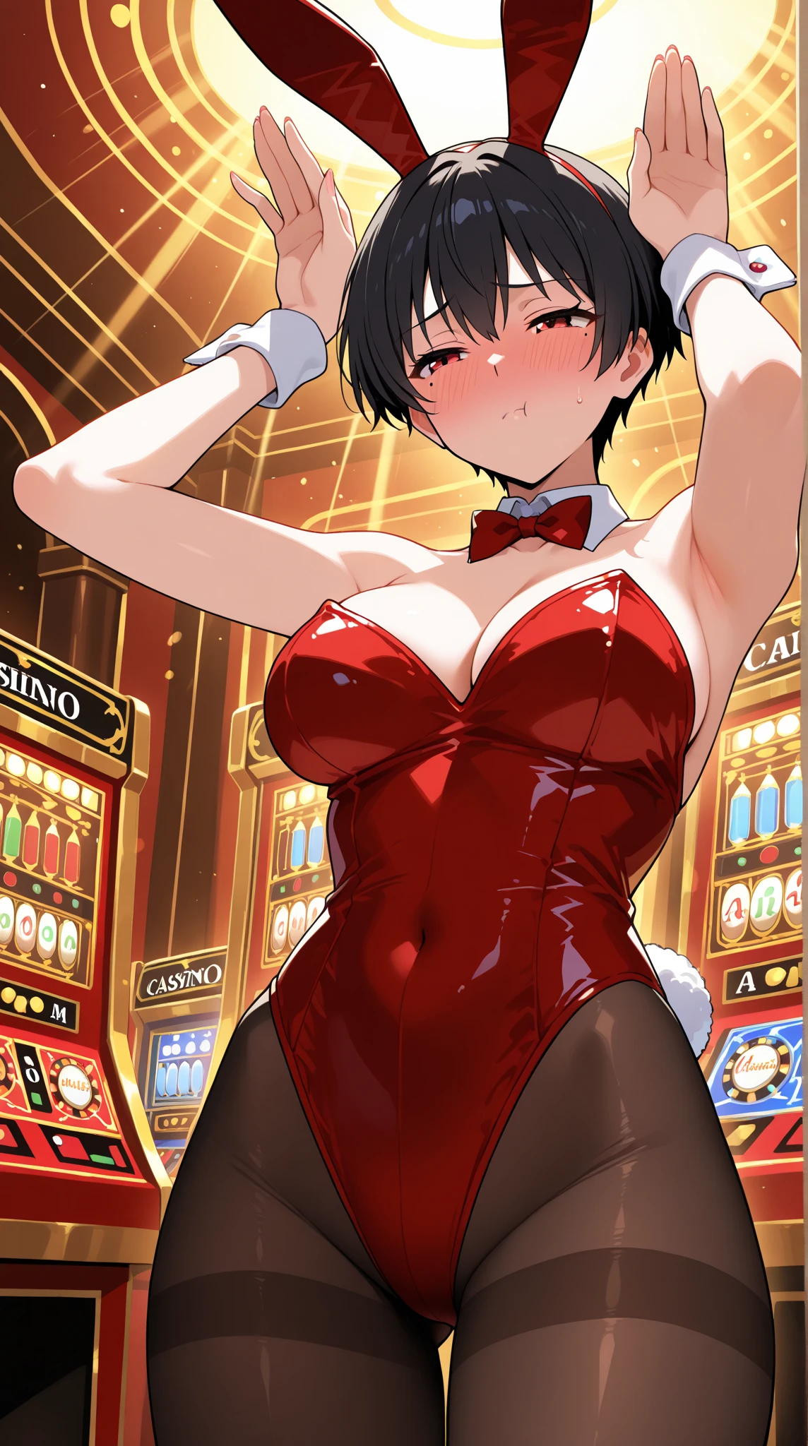 Young beautiful woman,(Highest quality,Extremely detailed depiction,Incredibly absurd high resolution,Anatomically accurate depiction,Curvy Legs),(Glowing Skin、Shiny skin、Oilskin),(A succubus disguised as a bunny girl),(High gloss latex bunny dress,High heels,black tights,Tanned brown skin,Perfect body,Gorgeous earrings),(A seductive smile,blush,eyelash,Sidelong glance,Glossy red lipstick,There is cleavage in the chest,Large Breasts,Reaching for this),background:Inside the casino