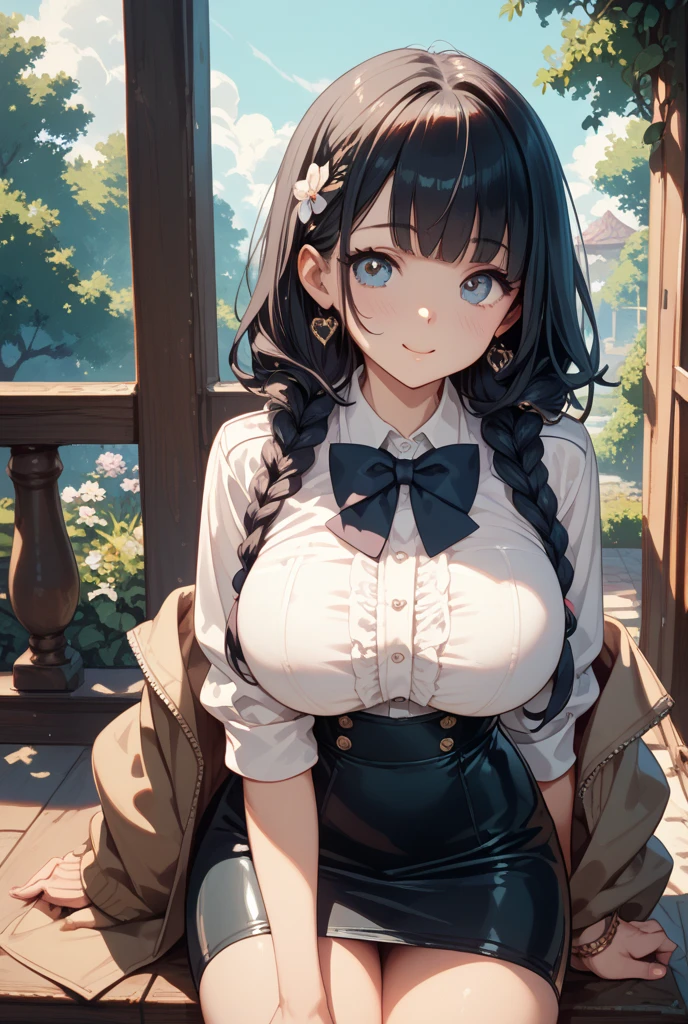 (Best quality, 8k, 32k, Masterpiece, UHD,:1.2),RAW, 1girl,ultra cute , natural lighting,transparent shining eyes, 20yo, large breast ,fair complexion, large breast, flushed face, Vintage Chic, vintage chic costume featuring a bow tie, with tailored waistcoat in a classic color like charcoal gray,high-waisted trousers, Add a crisp white button-down shirt and accessorize with a colorful bow tie for a pop of personality, sitting legs crossed, from above, emphasizing the big breast, Cleavage Cutout, stick out the breast, from Top, sitting on sofa