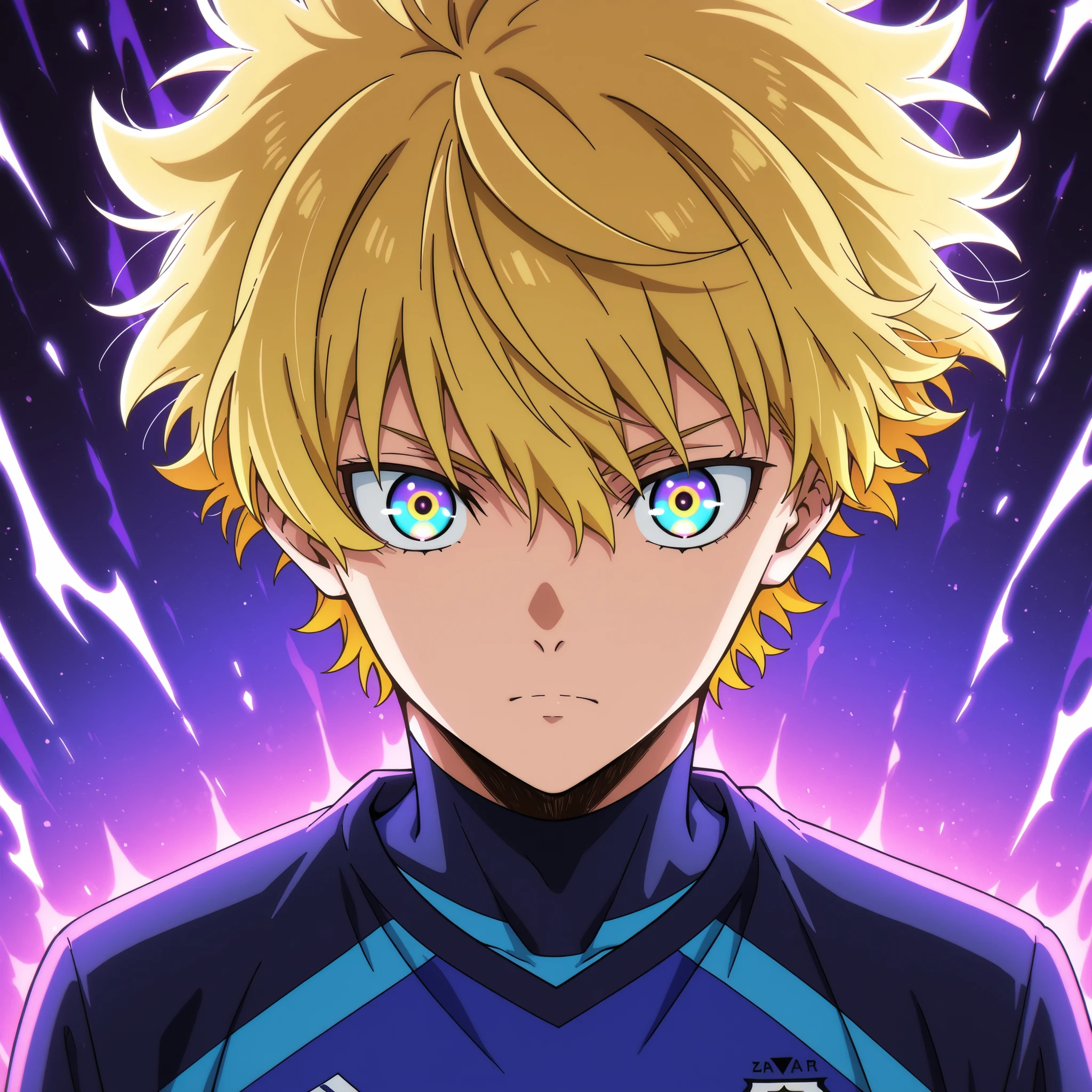 blue_lock_style,anime boy, soccer uniform , blond hair ,Golden highlights, multicolored eyes , aura  Hollow Purple