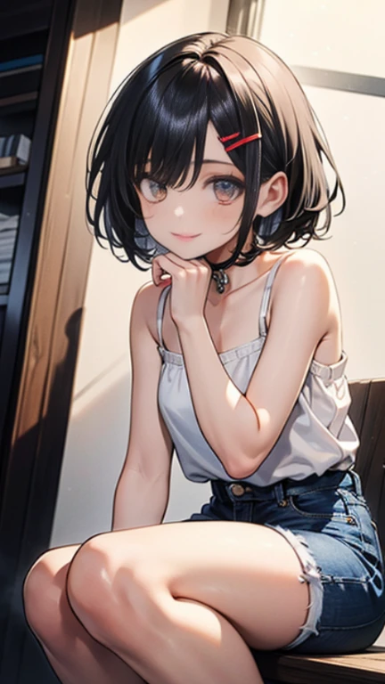 nsfw,masterpiece,8K,high school girl、cute、Bobcut、Light clothing、Short white tank top、sports、Sweaty、cute、Plain white panties、Squat、Leg spread、blush、