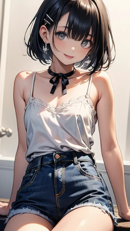 masterpiece, best quality, highres, beautiful face, (solo, 18yo),
sit on chair, (night, cafe:1.4)
BREAK black hair, shiny hair, (mannish extra short haircut, side parted, side undercut:1.5),
tsurime, pink eyes,
(flat chest:1.6), (scrawny), (pale skin:0.8), (shy:1.3),
BREAK (school uniform), (white collared shirt, plain pattern shirt, short sleeves:1), (unbuttoned, button gap:1.2), (open clothes:1.3)
BREAK (black and grey plaid pattern skirt:1.2), (pleated skirt, miniskirt:1.2),
BREAK (pink lace panties), (visible top of panties:1.3), (bulge crotch:1.5)
BREAK (pink lace bra)