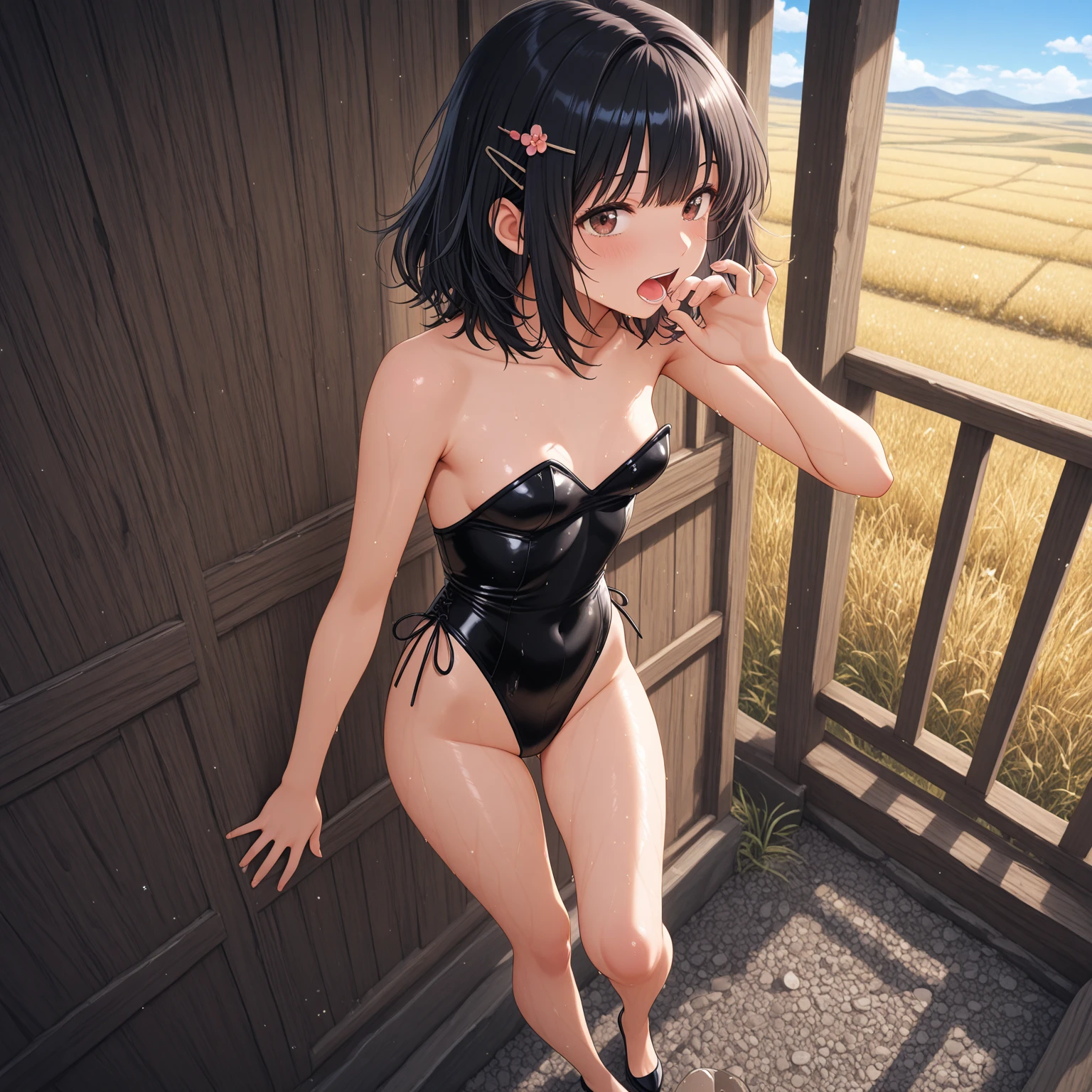highest quality,masterpiece,Black Hair,field,Cosplay Event,Nearly naked,Sexy Costumes,I'm worried because my classmates found out