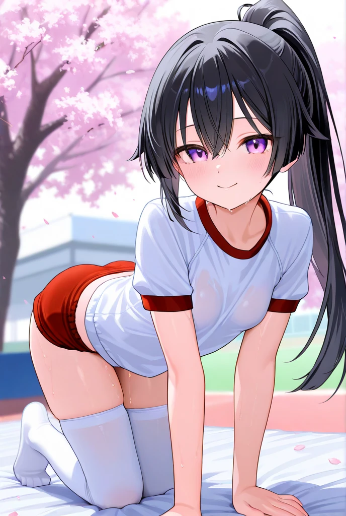 ((nsfw,sex with one man)),pubic hair,high quality, BREAK, (busty girl), (white jacket), (light pink)tanktop, (pink thong)(high-leg)(high-cut), ((erect nipples)), Narrow constricted waist, belly button, Small hips, bare hips, (partially exposed)vulva, (black hair)buns(twintails), White ribbon, Dark Eyes, blue eyes, sunny, (crotch wedge)cameltoe ,public park,