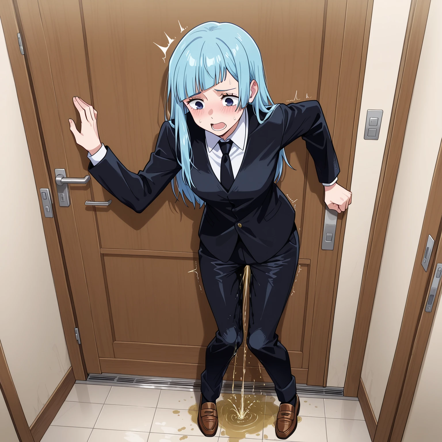 unable to hold his pee, crying, desperate, catboy, teenager, young, peeing himself, peeing pants, wetting, wetting self, peeing his pants, male, young adult, long hair