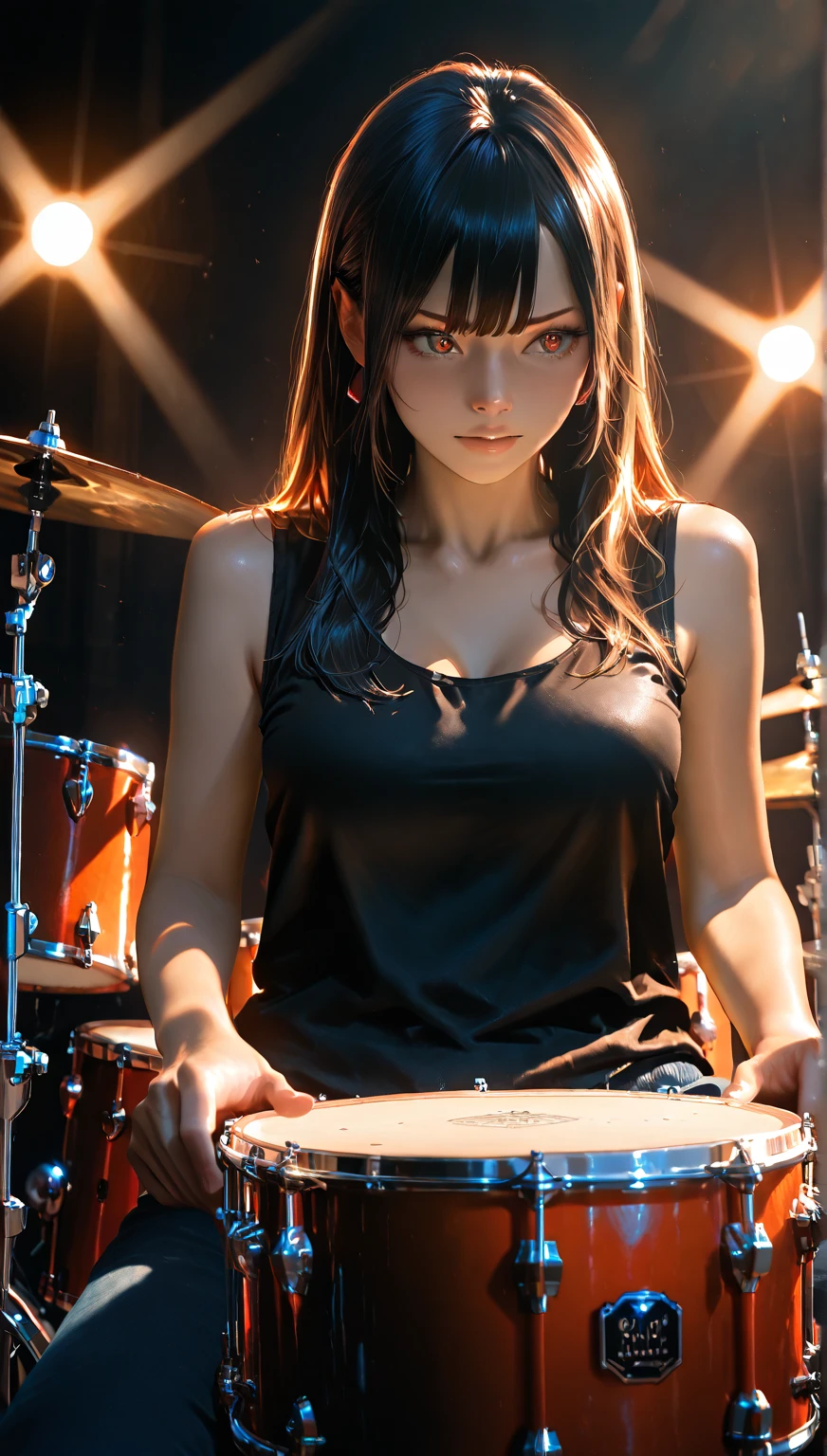 (view from top angle), (digital painting: 1.4), very detailed illustration, best work, (a beautiful woman sitting playing the drums), sweaty body, wet, 3d render, rocker clothes, very energetic, bright studio light emitting the light is focused on each part of the drum, with agile hand movements, the sparkles of light reflect small sparks on the cymbals and the surface of the drum, highly detailed, 8k