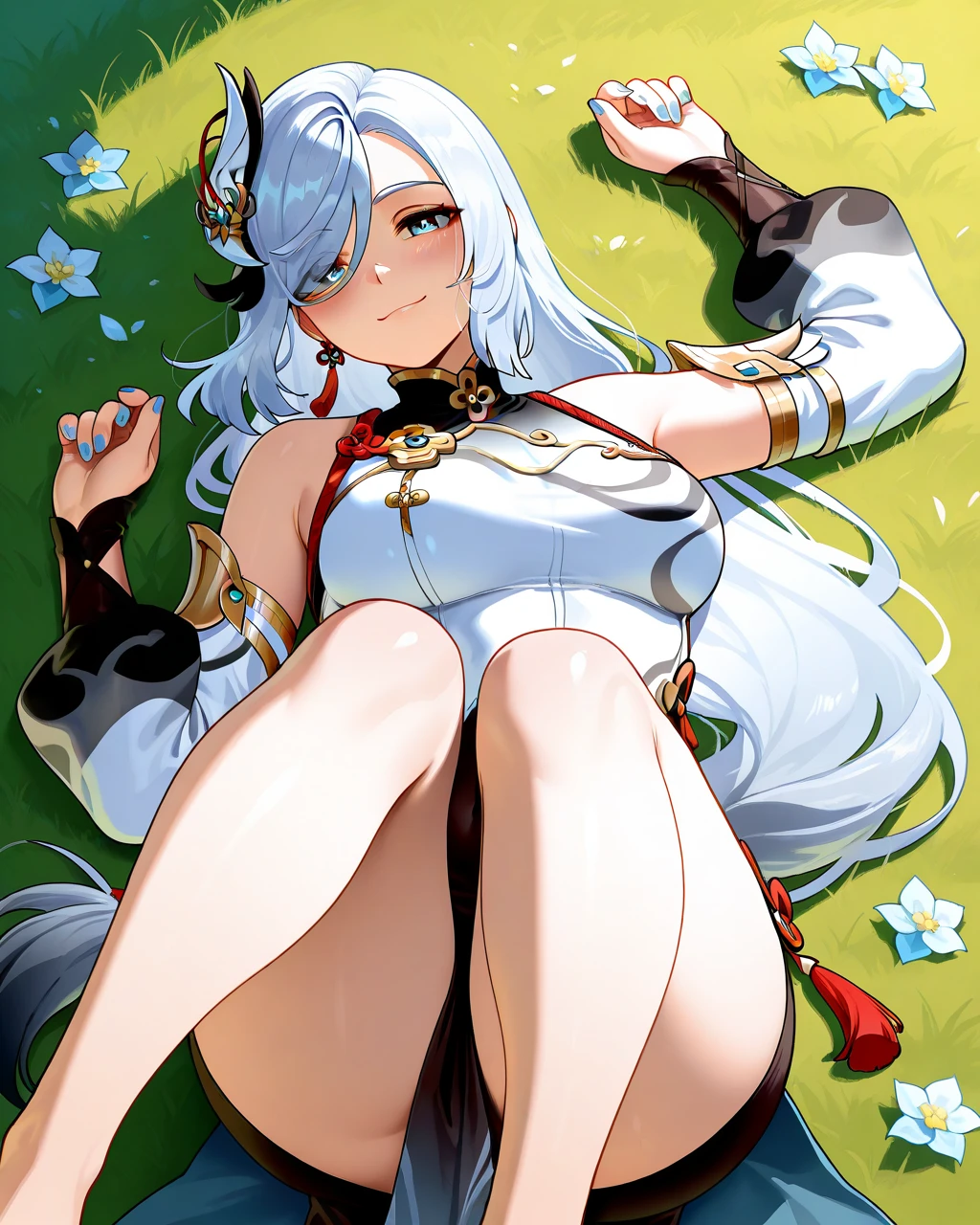 (Zoomed out view), 1 girl, Shenhe, Genshin impact, sitting on a rock, legs crossed, looking down slightly at Viewer, large breasts, naked