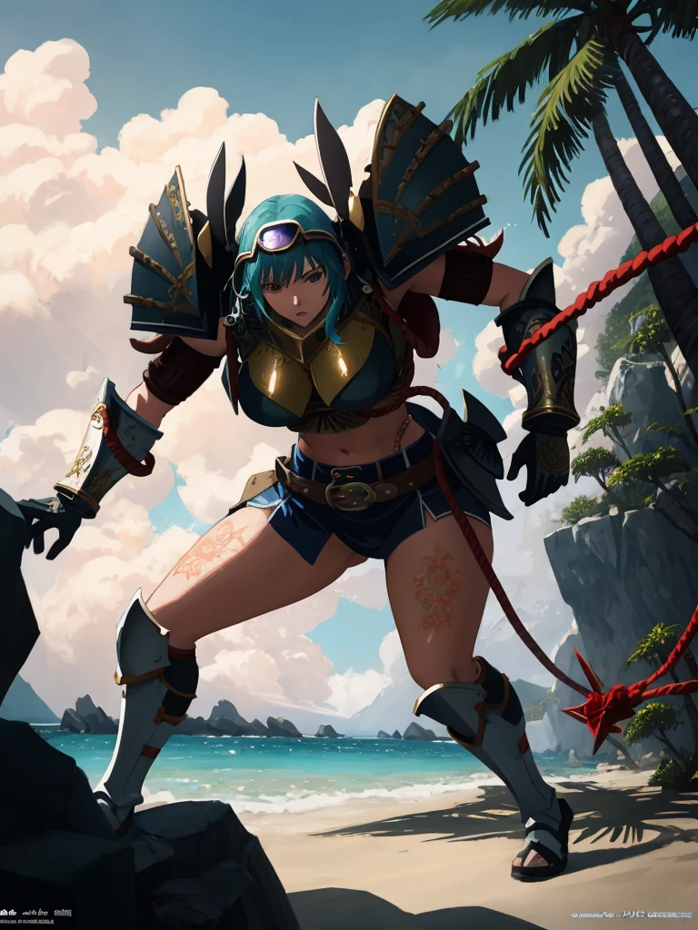a woman with red hair, a very beautiful berserker woman, a pioneering barbarian pirate, wearing warrior leather armor, wearing left eye patch, similar to Red Sonja, Marvel-style super villain, 8K, better quality and full body in the image, walking on the beach.