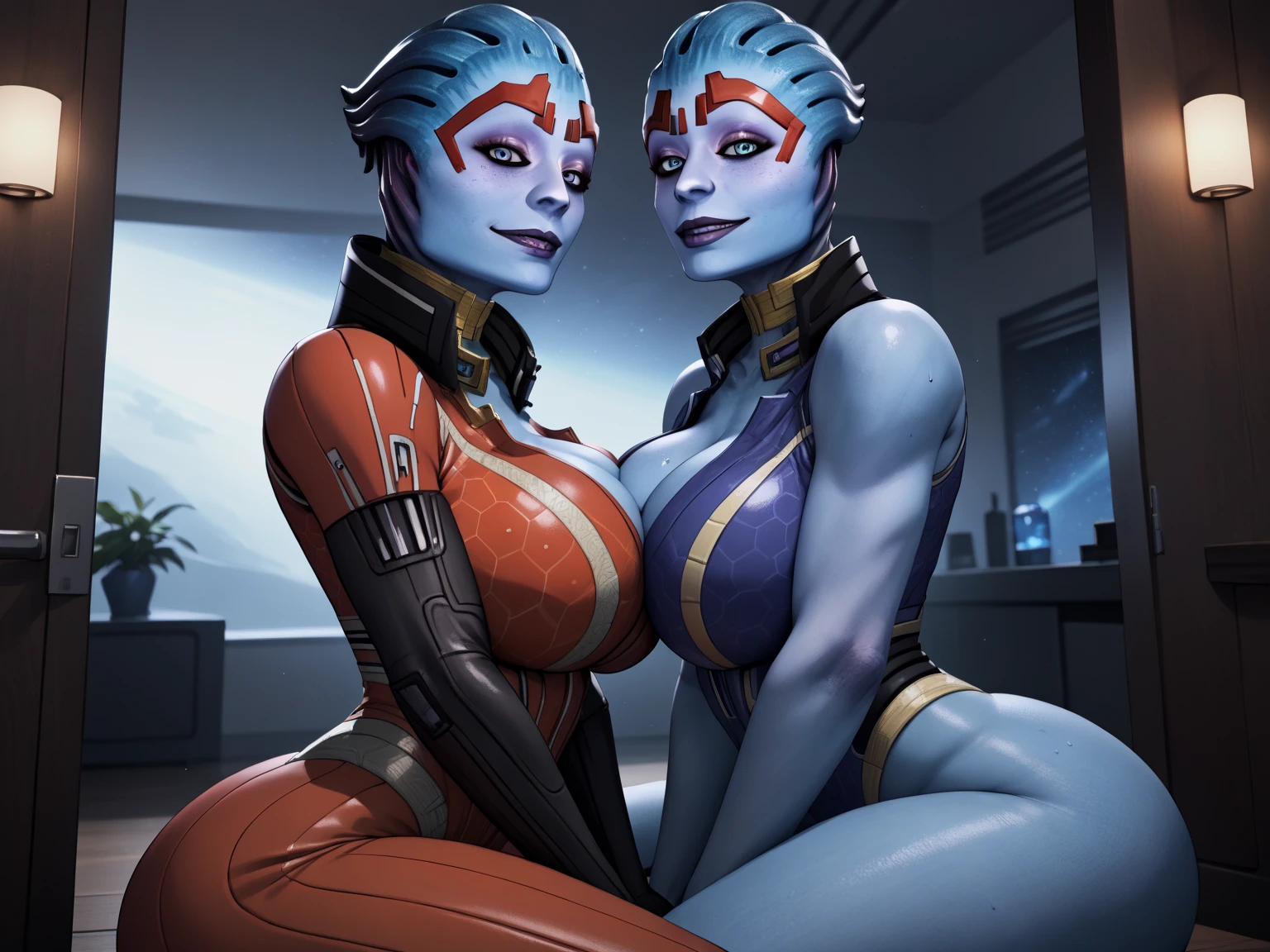 score_9, score_8_up, score_7_up, source_anime, rating_explicit, samara from mass effect, blue skin, black cock, red bra, doggystyle, in bed, smile, motel room, night, cum,