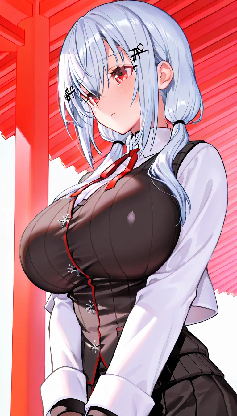 score_9, score_8_superior, score_7_superior, sauce_anime, BREAK hakase fuyuki, One girl, Virtual YouTuber, Red eyes, Gray Hair, Long hair short hair, Low twin tails, Side Lock,Hair Clip, Neck ribbon, Red ribbon, Black sweater, Collared shirt, Open jacket, White jacket, flower, Tea belt, Long sleeve, Sleeves are longer than the wrist, White gloves, Pleated skirt, Black Skirt, Black Pantyhose, Are standing, Dutch Angle, Particles of light, light, Research Room, window, window shade,masterpiece, highest quality, High resolution, huge breasts,Titty fuck,Hakase Fuyuki,Virtual YouTuber,Vtuber,nsfw,bare breasts,penis,paizuri,breast squeeze,Hakase Fuyuyuki,1boy,blush,blush,Big Tits,embarrassed,aroused,scowl,furrowed brow
