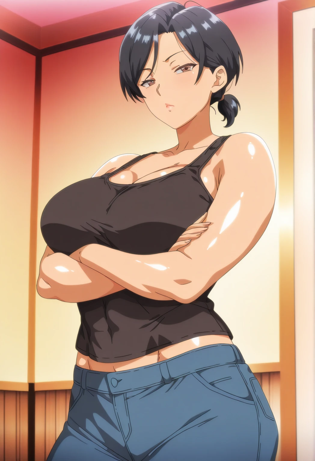 sexy woman, mature milf, huge breasts, large breasts, curvy, voluptuous, tanktop (neckline, navel and stomach), highleg panties thong, sweating, shiny skin, grinning, dynamic pose, solo focus, house interior, male room, indoor, nsfw