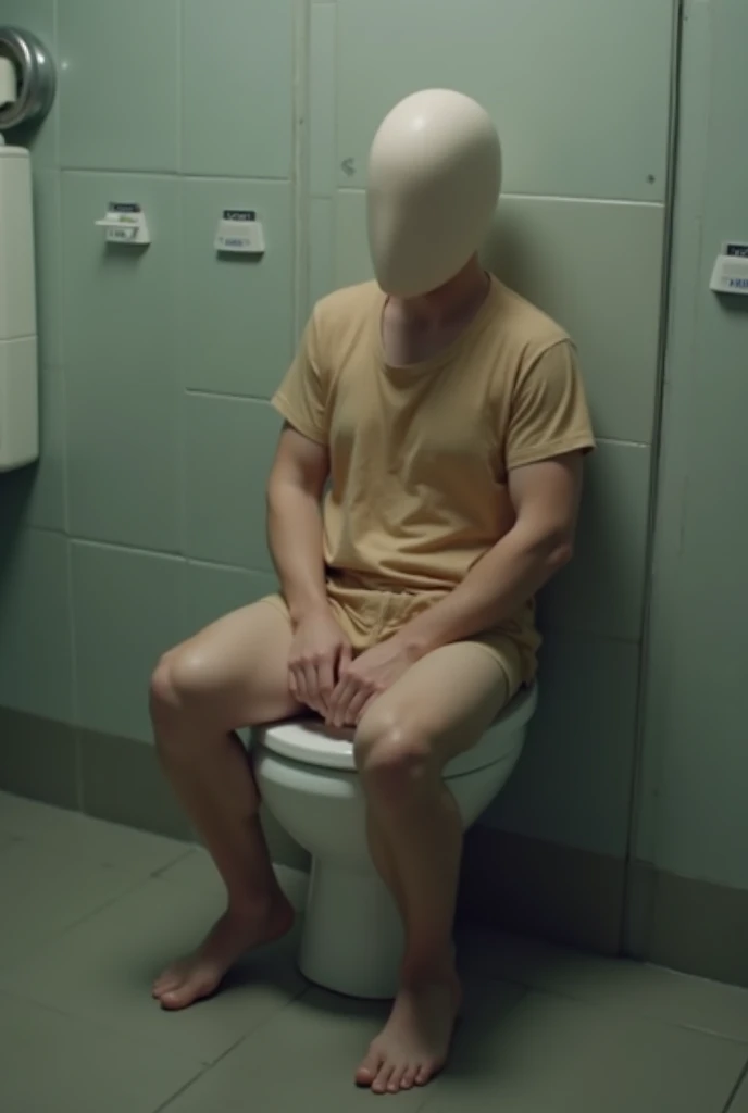 realistic photo, intricate, detailed, 4K photo quality, very clear, a very realistic sitting toilet in the form of a very handsome man, Korean face, very ideal body, bare chested, his body as a water tank for the sitting toilet, so that the toilet user when defecating seems to be sitting on the lap of the Korean man, make it realistic with materials that look natural like real humans, the atmosphere of the spacious bathroom is like being in a karaoke room with soft and bright lighting, the words "Design by Ronny B" are clearly visible hanging artistically.