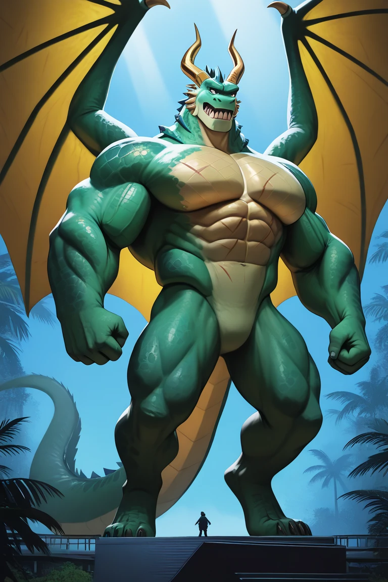In this captivating image, a solo male green dragon with a muscular body and seductive grin adorns his skull head is presented in high quality representation, wearing a Speedo that clings tightly to his form, showcasing a nice huge bulge. The setting is a serene beach background with waves crashing in the distance, adding an aura of allure and mystery to the ominous presence of the dragon. The sun sets behind him, casting long shadows that accentuate every ripple in his muscular frame and intricately rendered scales. The details of his scales are meticulously crafted, shimmering in the light as if they could leap off the page, reflecting the dynamic