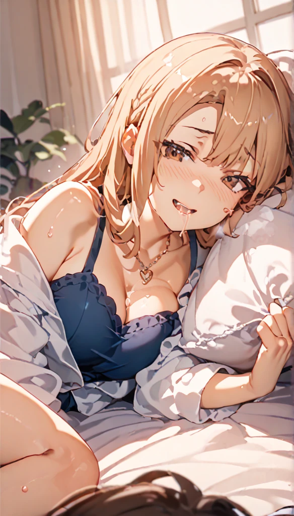 NSFW、Masturbating with genitals hidden、delicate、Spread your legs wide apart and place your hands on your crotch.、An embarrassed and blushing expression、Wearing only underwear、40-year-old adult woman、She has medium golden blonde hair tied up in a bun.、adult red lips、His tongue is sticking out and drool is flowing out.、The nape of the neck is exposed、Distracting、exposing her raw naked body、Immoral background with only lamp light source、body is wet、anatomically correct appearance、Biologically correct appearance、