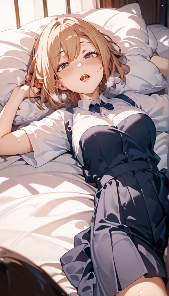 (((masterpiece, Highest quality, High resolution, 超High resolution, 4K, ))), One Girl, ((Food Wars!, Erina Nakiri)), 10 talents, 4th grade elementary school student, Slender Body, Blonde Short Bob Hair, Height: 130 cm, ５Head to Body, ((My chest is starting to swell a little, Small breasts)), In a tattered uniform, A tattered mini skirt, Exquisitely designed satin panties, ((Uniforms are violently torn, Half naked, Underwear is violently torn)), Clothes are ripped to shreds, The skirt is torn to shreds, Panties tear, もっと細かく制Clothes are ripped to shreds, Lying on the ground, Gravure pose