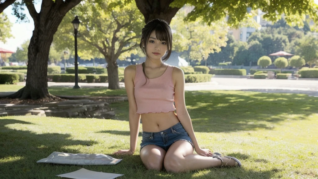 masterpiece, 8K, Photorealistic, Optimal ratio, Detailed face,Dark Eyes,Black irises,((No clothes))、((Crouch)),(Completely naked)、Immature girl１people,Thick pubic hair,The vagina looks good､focus on the crotch、Large Breasts、Small areola,Slender body､Being thin､Glowing Skin,Long, slender legs､Opening her legs,((ＭCharacter splits))、Focus on the groin,Young face、bangs,A small smile,Ponytail with barrette,From below,Front light,Sitting on a park bench and opening your crotch,12 years old