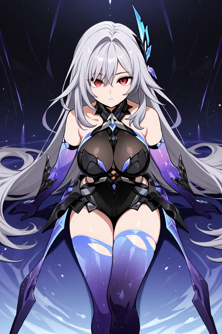 1 girl、Silver long-haired、Hollow, glowing red eyes、Fantasy、witch、((黒とBlue clothes))、((Blue clothes))、(Aggressive design)、Cape、boots、Purple decoration、accessories、Villain、whole body、Water Magic、Dark Magic、Dark Aura、Expressionless、Expose、Bigger breasts、Shameless、