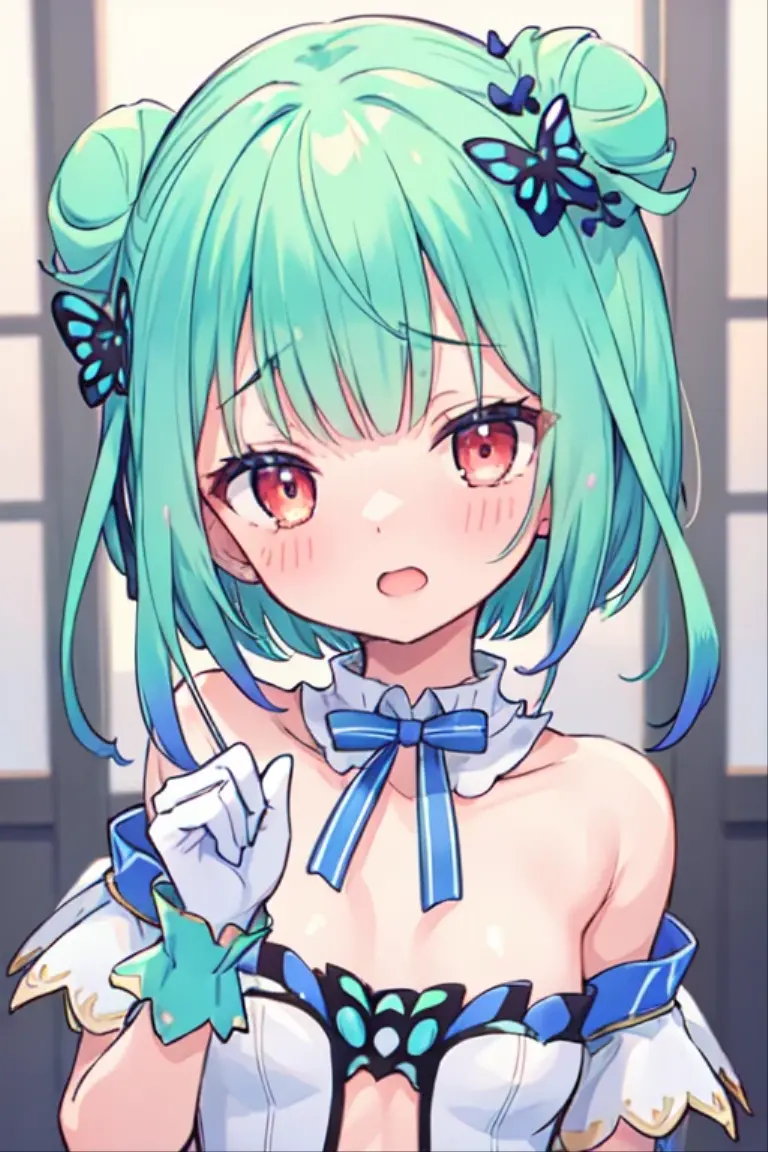 (best quality, masterpiece:1.2), ultra detailed, extremely detailed eyes and face, natural skin texture, detailed skin, natural lighting,
1 girl, (cute),
half undressed,
BREAK (orgasm face, aroused, blush:1.2),
BREAK rushia_idol, green hair, short hair, double bun, idol outfit, white gloves, blue bow, butterfly hair ornament, (upper body:1.2), nsfw,
