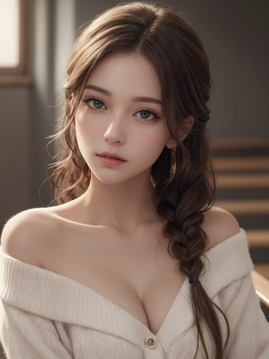 ((Medium chest, )), (smooth belly : 1.1), (perfectionなボディ : 1.1), (Very detailed CG 8k wallpaper), (Very sophisticated), (masterpiece), (Highest quality:1.0), (Ultra-realisticな全身像)、Delicate skin, Very detailed、(photograph:1.2)、(Realistic:1.3)、(masterpiece:1.3)、(Best image quality:1.4)、超High resolution、(Detailed eyes)、(Detailed facial features)、(Detailed clothing features)、8k resolution、Focus Only、26 year old mature woman、Small face、No makeup、Beautiful eyes with attention to detail、bangs、Blonde、Long Cut Hair, Braided hair、(Realistic Skin)、Beautiful Skin、Charm、超High resolution、Ultra-realistic、High resolution、Open white shirt,middle aged、Large Breasts、Bust F cup、Large Breasts、Cool Beauty、Gray background、Cinema Lighting、perfection、Soft Light、High resolutionスキン:1.2、Realistic Skin texture、26 year old、Small face、No makeup、Bust F cup、Beautiful brown eyes in every detail、short hair、Dark brown hair、Cool Beauty、Gray background、Exposed cleavage , lure