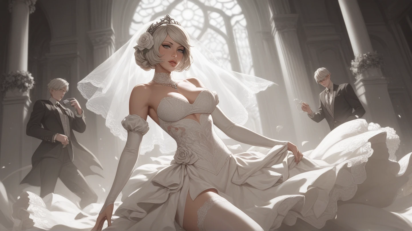 The painting shows a woman in a wedding dress sitting on the stone steps, art of Wallop, guweiz, Wallop art, the style of Wallop, Gurwitz Masterpiece, art of Wallop and greg rutkowski, Wallop jeremy lipkin, in style of Wallop, Wallop |, guweiz style artwork