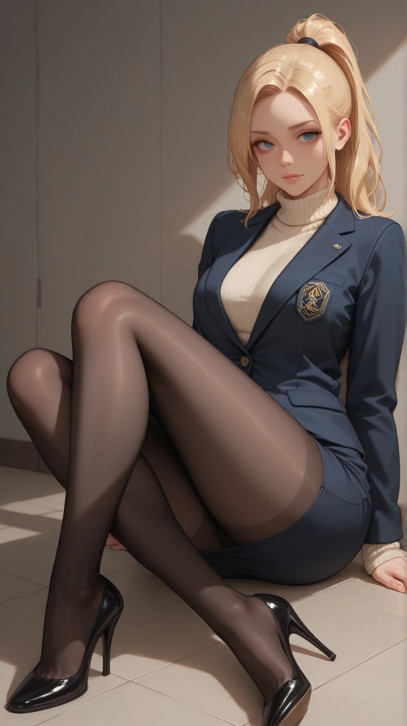 front shot ,((1 elegant lady)) , (masterpiece), best quality, expressive eyes, perfect face , bob cut blonde hair , black secretary sexy outfit , on a chair working at a desk, her legs are spread wide open ,nsfw ,(low angle) , ((we look at her from below))
