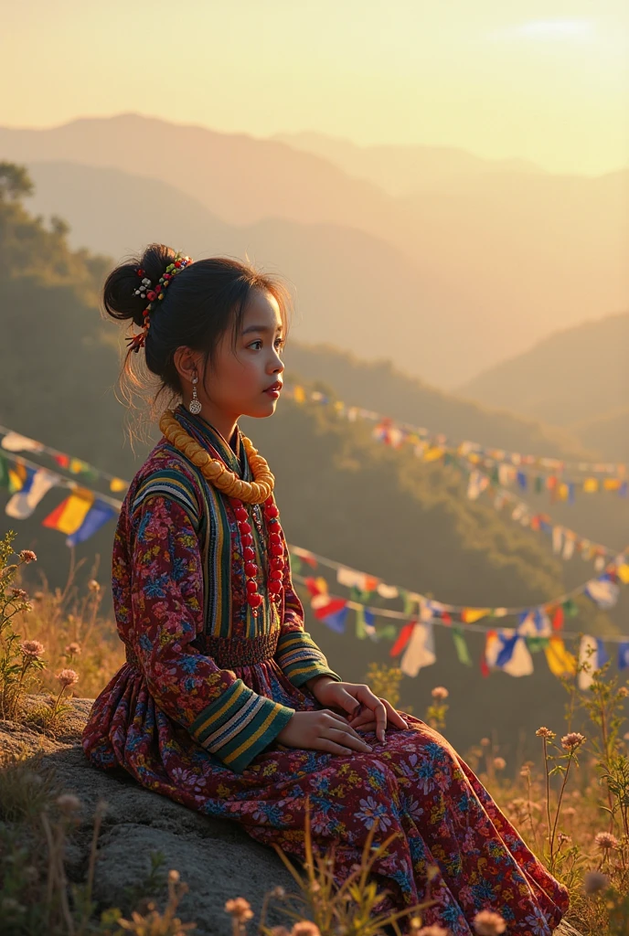 A girl little monk,Stand in front of the stone temple,had his hands folded