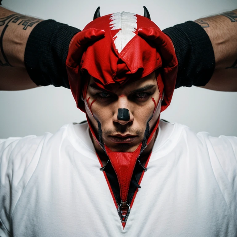 Pup mask with red and black designs and ears. A nude muscular man standing in the shower. The room is dark and Moody. He is wearing a pup mask with bikes and the colors are red and black.