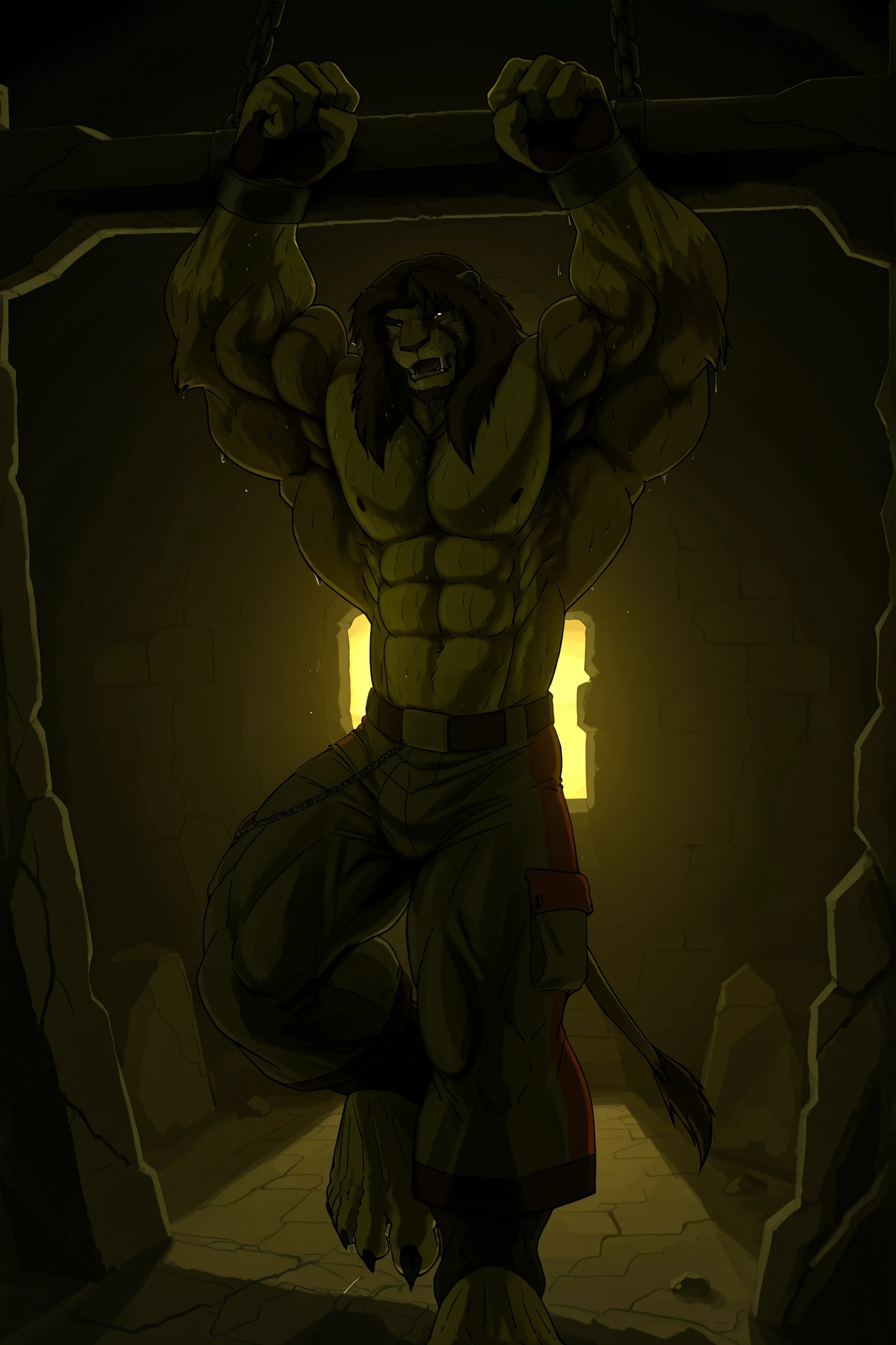 (masterpiece, ultra-detailed, cinematic lighting, 4K, sharp focus, full-body, wide shot, dramatic lighting, dark fantasy), Galen Dhaelos — a tall, heroic anthro lion warrior with a thick dark brown mane and expressive, realistic dark brown eyes — is fully restrained in a large, ancient dungeon. wide shot, He is bound in a dramatic crucifixion pose on a massive metal X-cross bolted to the stone wall behind him. Heavy iron chains pull his arms and legs wide apart, stretching his muscular but proportionate body. A strong **frontal magical light** shines down on him from above, illuminating his chest, abs, and face, while the surrounding dungeon remains in deep shadow. His upper body is bare, showing defined but natural muscle structure beneath soaked fur. He wears torn dark pants. A glowing ghostly fist slams into his abdomen in this moment — a **clear, visible gut punch**. His torso folds slightly at impact, mouth open in a pained roar, fangs bared, spittle and sweat flying, eyes clenched shut. Behind him, the X-cross is clearly visible — iron, weathered, riveted, surrounded by faint magical glyphs. Torchlight flickers on the dungeon walls, casting ominous shadows. The scene captures pain, resistance, and epic tension in a grim, magical world. Tags: crucifixion, x-cross, chained, struggling, heroic dark fantasy