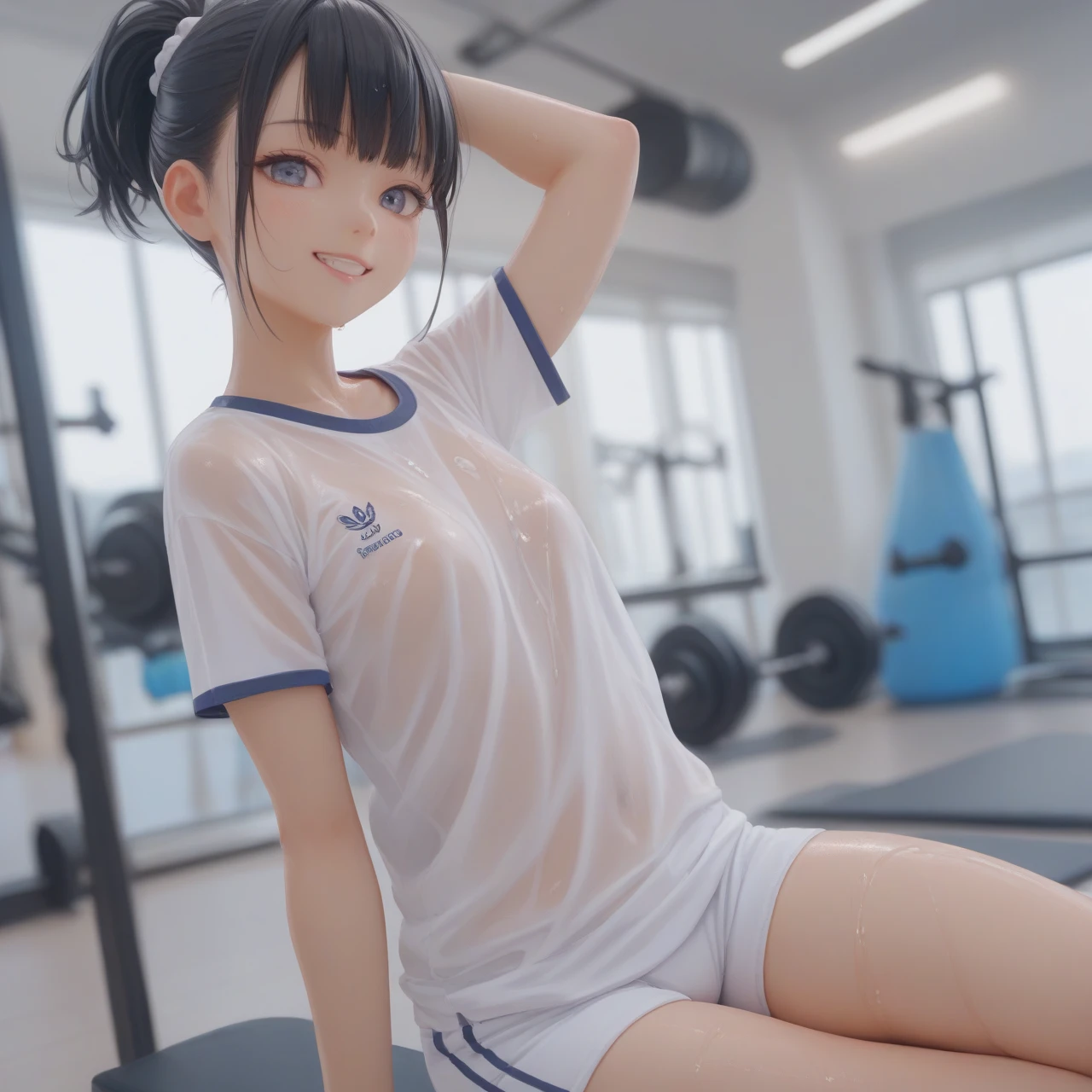 (masterpiece,Highest quality:1.3,best quality illustration,realistic),cowboy shot,1woman,25 year old Japanese beauty,((very small head:1.3)),(short bob brown hair),bangs,brown eyes,gorgeous eyes,blush,tears,medium breasts,(((very long body:1.5))),((toned body,slender body:1.3,skinny)),topless,nipples,navel,((Navy blue micro sports shorts)),gleaming skin,shiny skin,(sweat:1.3),standing,arms behind back,locker room,Arena、Tokyo、