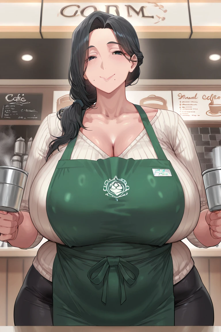 2heads, a very tall skinny woman with 2 heads. Working behind the counter at the register at a coffee shop. Wearing green apron with store logo, wearing worker uniform. Cleavage. Mature, milf. Messy long white hair. Thin face, cute face. Smiling. Blushing. Thick eyeliner. Eyeshadow. Baggy eyes. Extremely tall. Freckles, many freckles. Covered in freckles. Big saggy breasts covered in freckles.