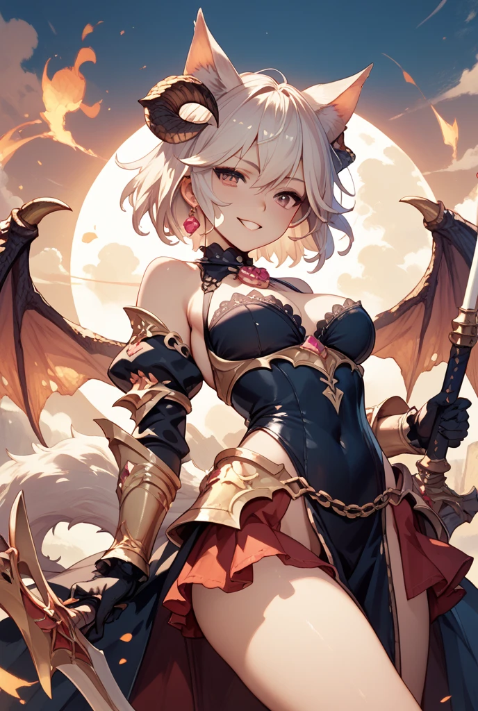 ((highest quality)),(ultra high resolution),(Super detailed),(detailed description),((best CG)),(best work of art),super precision art,amazing drawing art,(Fantasy art with intricate detail:1.5), (Skull Moon:1.3), (A female demon with a mysterious presence and an evil smile:1.6),