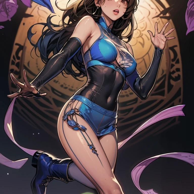 Best quality, solo mature woman, giant breasts, giant ass, very curvy, dark skin, big Voluminous Curls in pony tail, pale violet eyes, full lips, seductive, smiling, pretty crown, queen dress with droopy sleeves, elegant necklace, ring, pooffy dress bottom, corset