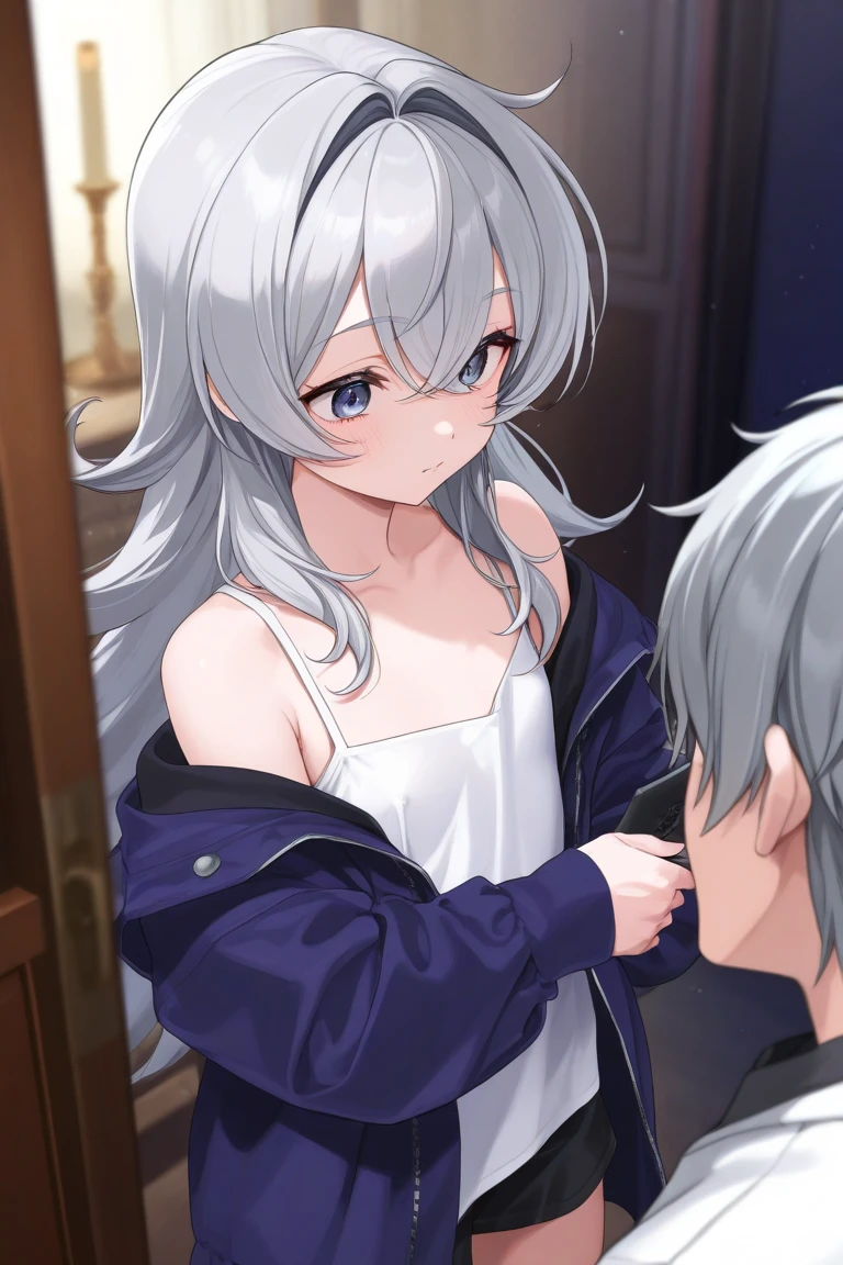 NSFW,Tomotake Yoshino,Long Hair、Gray Hair、High Ponytail、Hair Intake、hair ornaments、Parted bangs、blue eyes,Embarrassed,blush,(Aroused expression:1.3),(cropped:1.5),Off the shoulder,Cleavage,Tight pants,(Perfect hands),(Perfect Anatomy),(masterpiece),(highest quality),Shopping mall