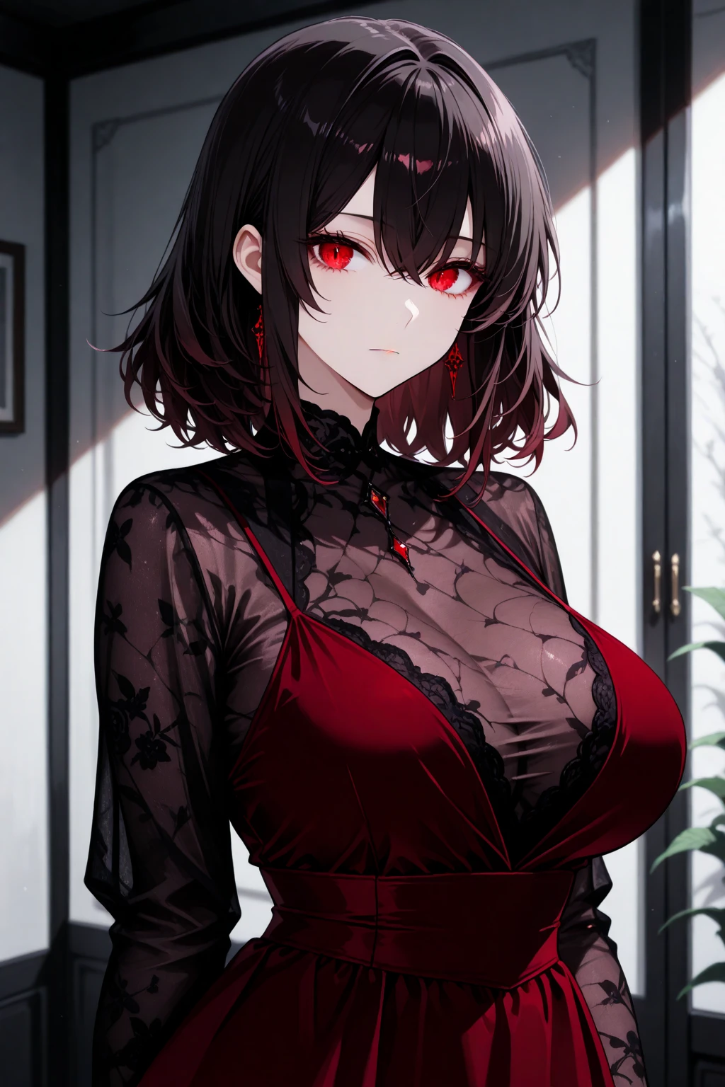 beautiful illustration, best quality, big breast, intense stare, red eyes, short black hair, shiny hair, goth, earring, dark background, portrait, close up, beautiful light and shadow