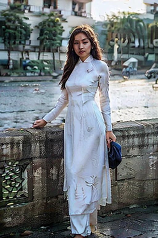 Generate a realistic image of a beautiful young woman walking through the vibrant streets of Hanoi's Old Quarter. She has long black hair, fair skin, and wears a traditional white silk ao dai with subtle floral embroidery. She carries a small handbag and a nón lá. The scene is set in the late afternoon with warm sunlight, capturing the historic French colonial architecture and street vendors. The image should include natural lighting, soft shadows, and a subtle depth of field effect, with realistic details like reflections, slight motion blur, and a gentle smile on her face