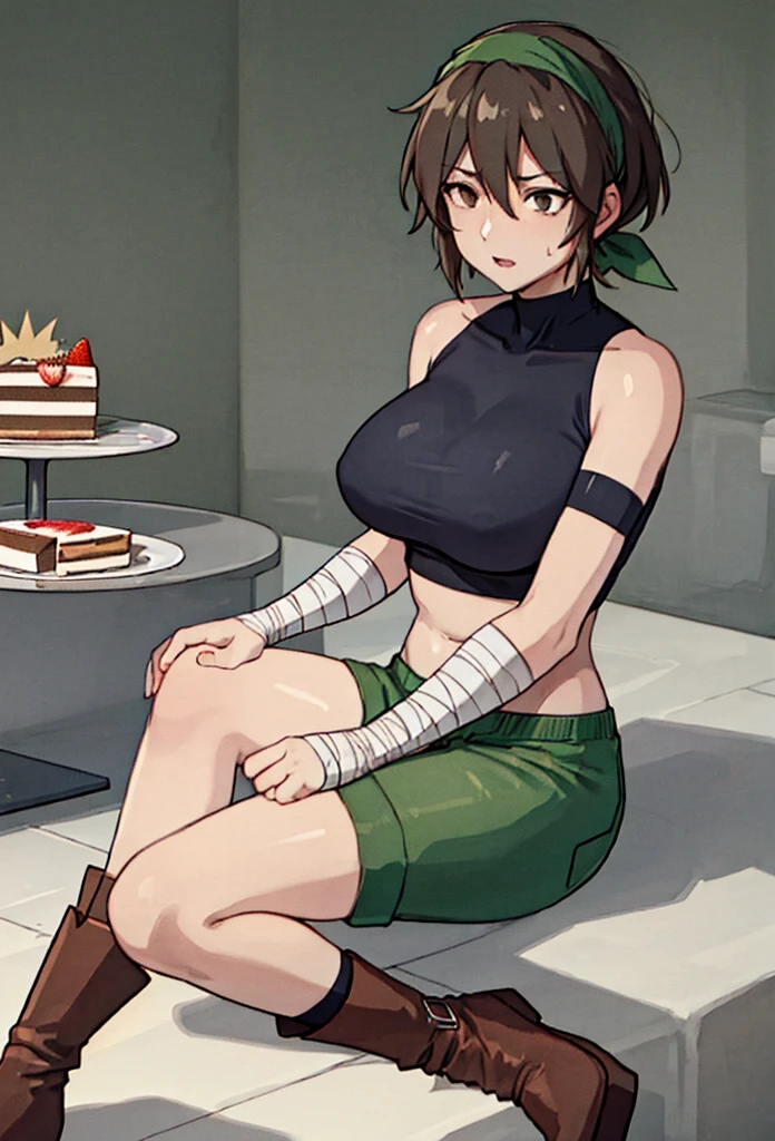 Adult, Female, Mature, short black hair, messy hair, emerald eyes, plump thighs, medium breasts, toned body black turtleneck, bike shorts, neutral expression, intimidating, art supply store, art studio, paintings, art, Masterpiece, Accurate, Anatomically Correct, Best Quality, High Details, Detail, Super Detailed, Best detail, Perfect detail, Amazing detail, [-3, 3], perfect eyes, perfect irises, best eyes, best irises, turned around, looking over shoulder, Close-Up, headshot