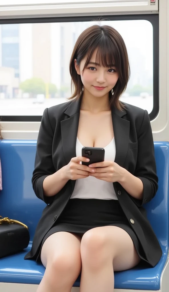 On a commuter train,Hot and sweaty,(looking at the camera),Cleavage,(Wearing a shirt),smile,Skirt Lift、Lift your skirt with your hands,woman, 20-year-old, Short Hair、bangs、(Plain suit skirt),(White lace panties)、Cute earrings