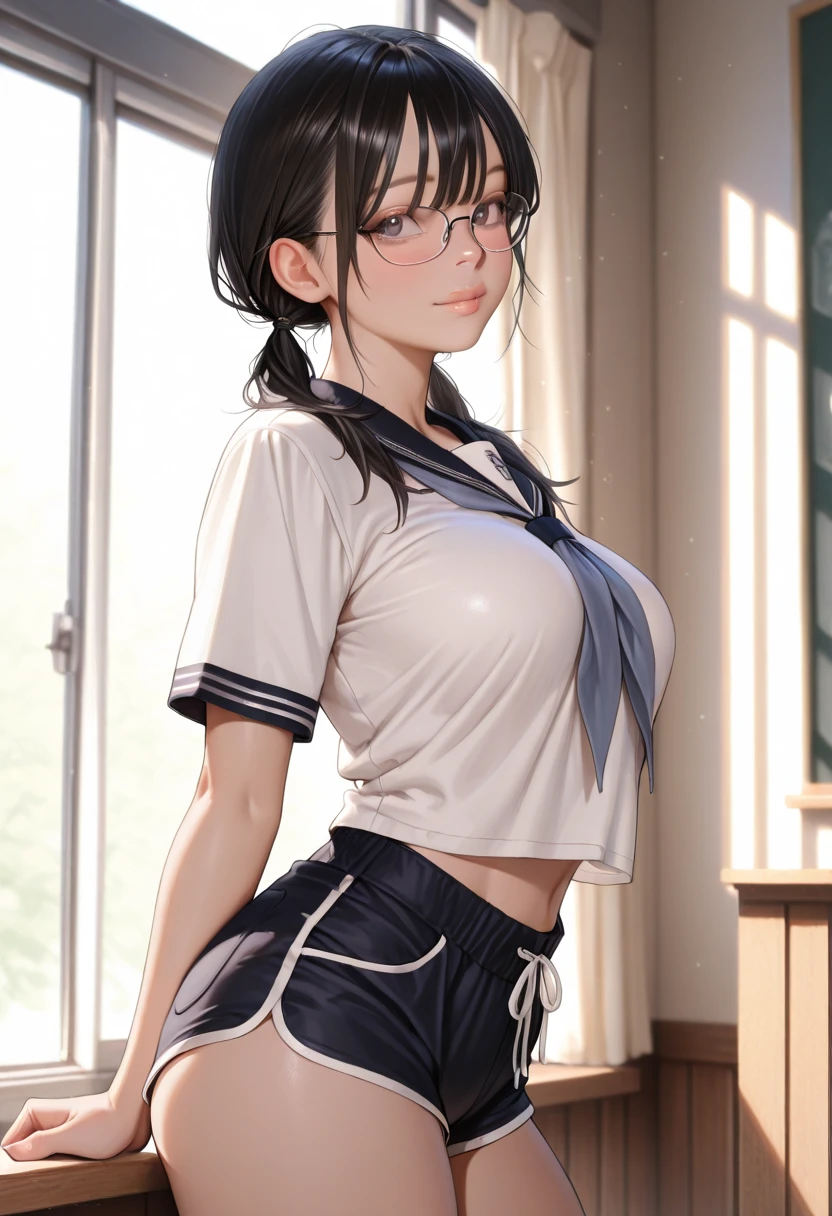 High resolution, Highest quality, super high quality, Very detailed, 8K、(underwear:1.2)、、Embarrassing、Sweaty、Sweat、Embarrassing、(masterpiece:1.2, Highest quality), (Realistic, photoRealistic:1.4), Beautiful illustrations, (Natural Side Lighting, Cinema Lighting), View your viewers, whole body, 1 Girl, Japanese, high school girl, Perfect Face, Cute and symmetrical face, Shiny skin, Baby Face, (short hair, Low twin tails,Black Hair), Hair between the eyes, black eye, Big eyes, Droopy eyes, (Center of chest, Captivating thighs, Big Ass)、(Glasses:1.2)