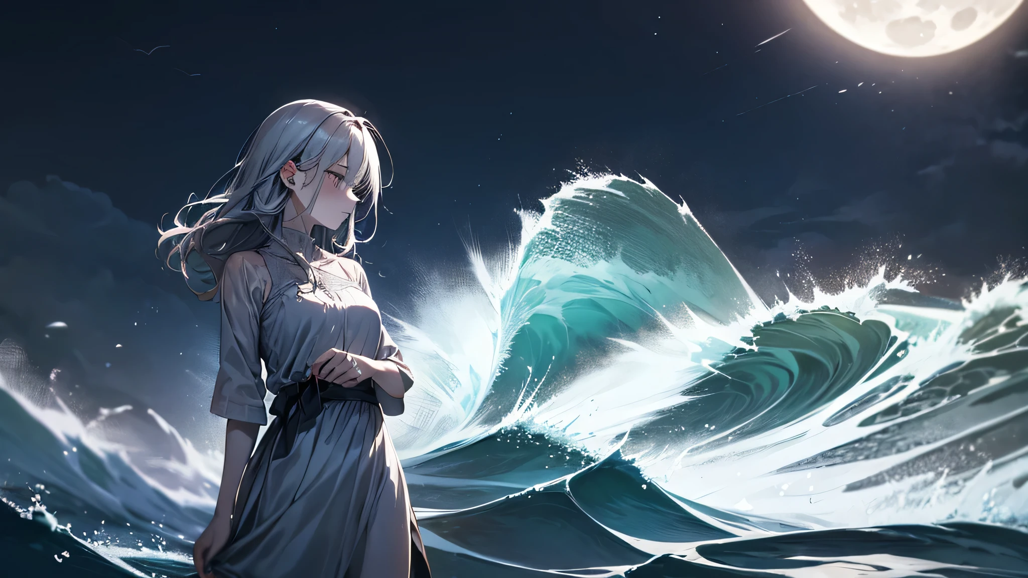 a dreamlike cinematic mid-shot of a young woman standing in the ocean at night, waves crashing around her as she stares into the distance, moonlight reflecting off her wet hair and pale skin, her expression a mix of sorrow and resolve, in the background a massive tidal wave frozen in time, surreal and poetic —ar 3:4 —v 5 —style raw