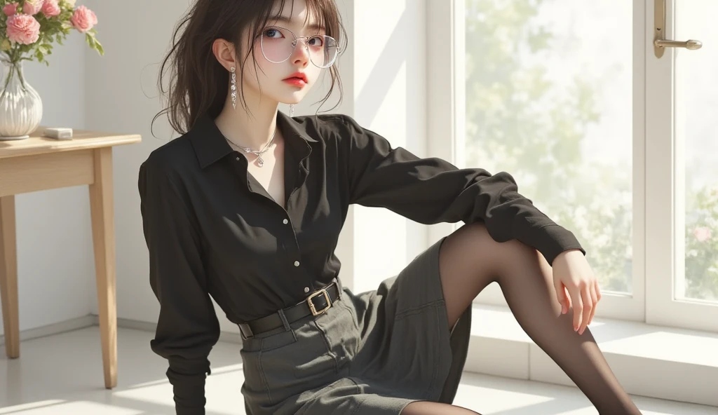 Best quality, full body portrait, delicate face, pretty face, 25 year old woman, slim figure, small bust, OL uniform, office clothes, black stockings, outdoor scene, sitting position, wearing glasses