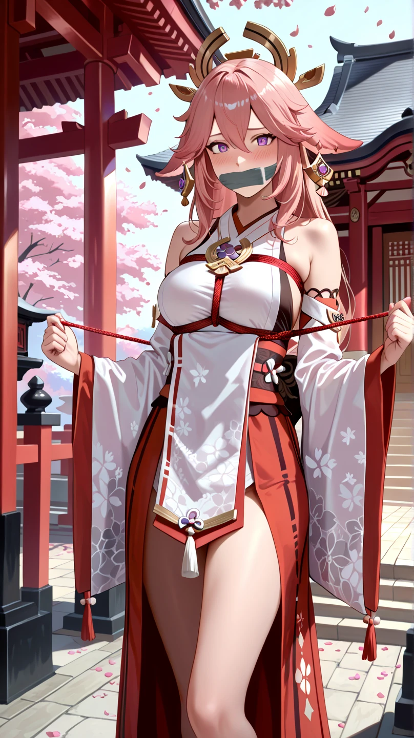 4k,High resolution,One Woman,Pink Hair,long hair,Braid,Green Eyes,Big Breasts,Shrine maiden,White Shrine maiden outfit,Detachable sleeve,White samurai armor,Full Armor,Heavy Armor,Sideboob,Black fishnet stockings,Jewelry decoration,Big Japan sword,Medieval village
