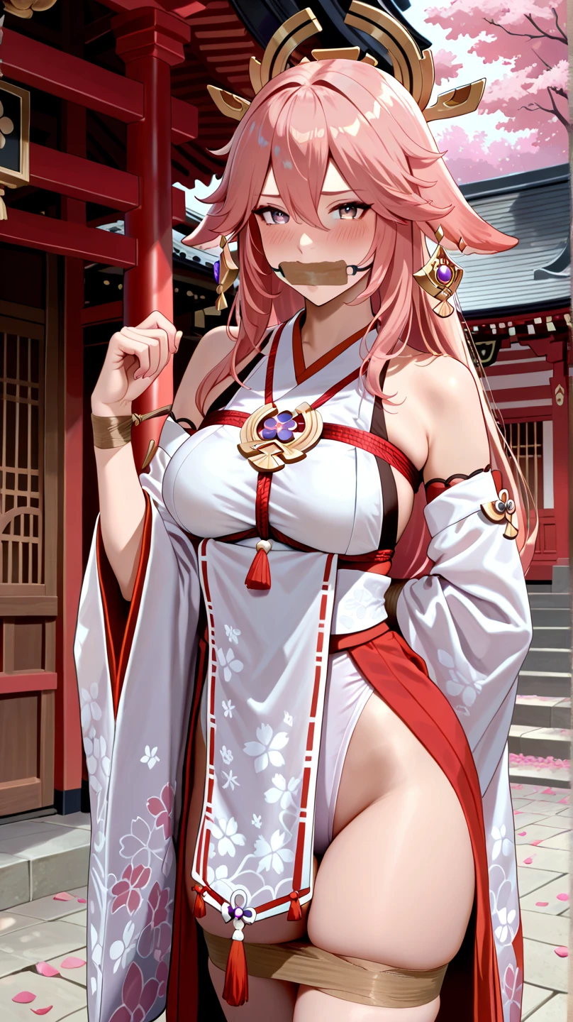 ((NSFW:1.0)), Ultra High Resolution, (8K, Raw photo, Best Quality, masterpiece:1.2), Shuna (tensura), 1 girl, alone, long hair, pink hair, long ponytail,2 white oni horn, hair between eyes, Japanese Shrine Maiden outfit exposed cleavage and thigh, high-definition RAW color photography, professional photograpy, Very beautiful, White skin, Real Human Skin, (Fine detailed face:1.2), oval-face, BREAK, slim, (huge-breasted:1.8, Sobbing the chest:1.37, Big , Big cleavage:1), An ultra-fine illustrations, textile shading, Cinematic lighting,think back, looking at the viewer, street, starry sky, Illuminated by the Moon , full moon, loving smile, light blush,