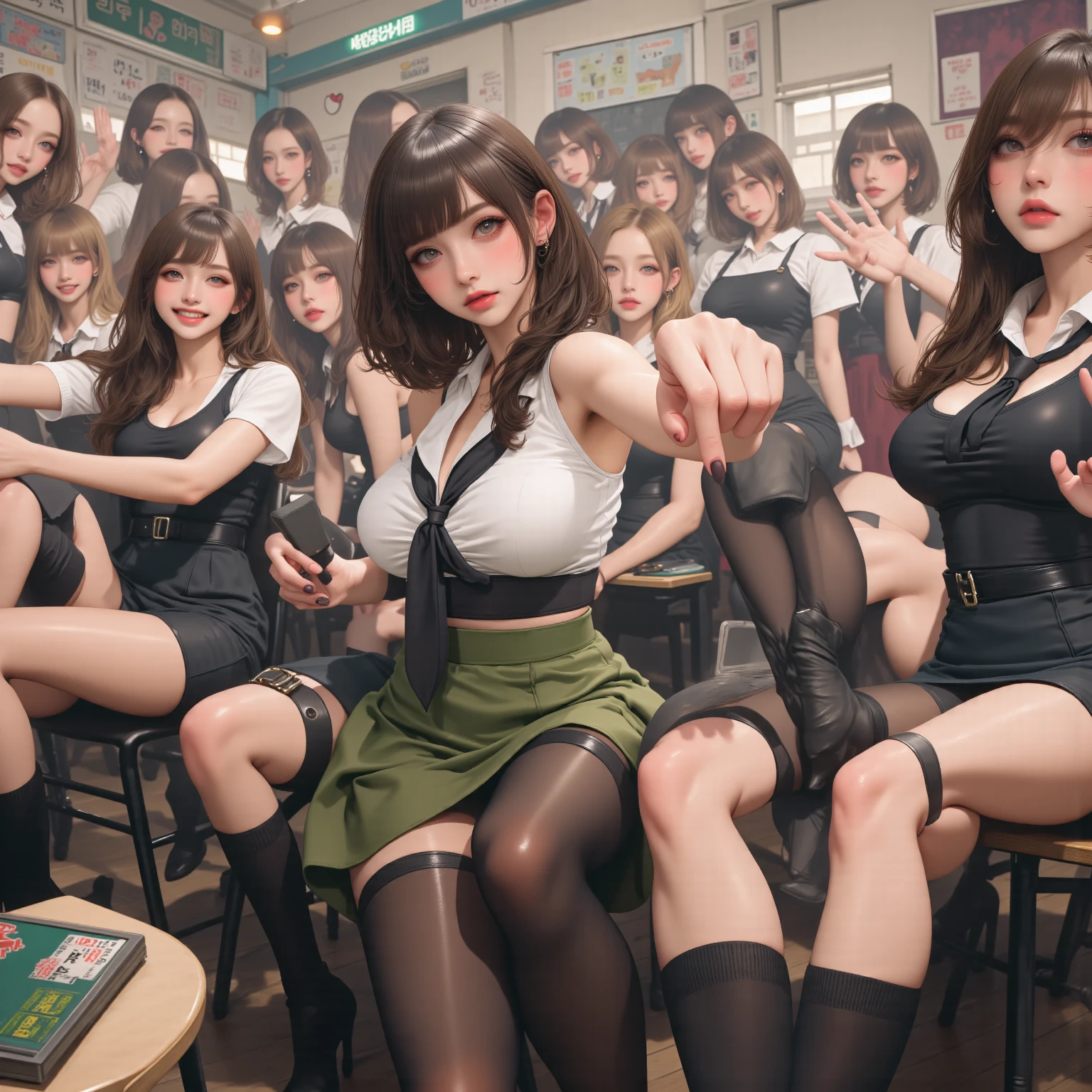 Three 20-year-old girls, pelo rubio, classroom empty, bdsm, Esclavo, figura regordeta, lenceria negra, pantimedias negras, Great emphasis, Emphasis on the big, senos expuestos, Sentado en una mesa, culo expuesto, tacones altos, ojos detallados, polainas, lesbiana, 4k high resolution, sesy