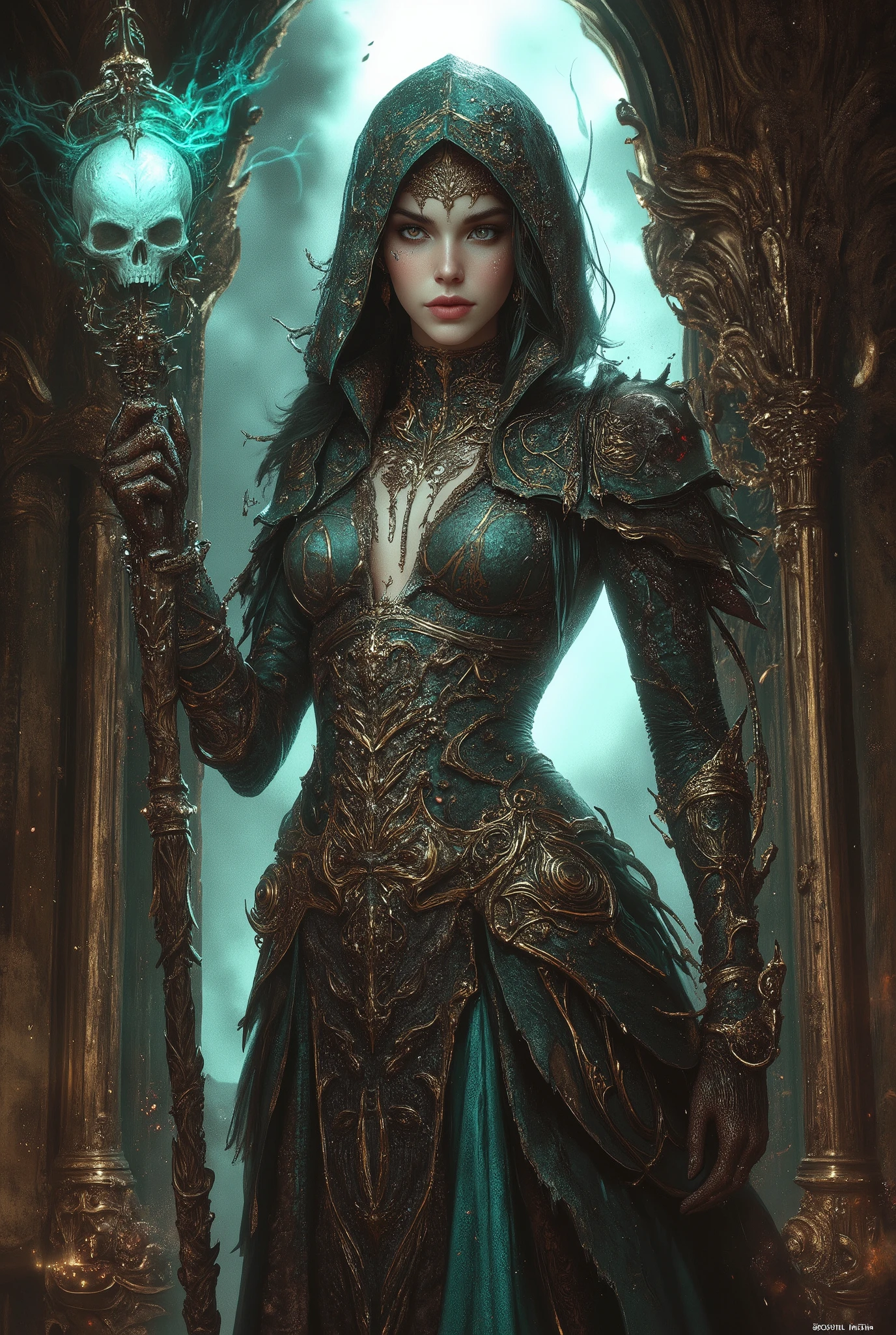 A powerful ancient female snake sorcerer, with majestic cobra hood and arcane staff, casting red spectral magic. Detailed scales, gold-cian mystical accessories, and eerie glowing skull energy in its claw. Dark fantasy atmosphere, ornate and baroque, painted in the style of Yoshitaka Amano + Greg Rutkowski. Magic the Gathering card illustration, highly detailed, painterly, dramatic light and shadow, collectible card aesthetic, rich lore visual.