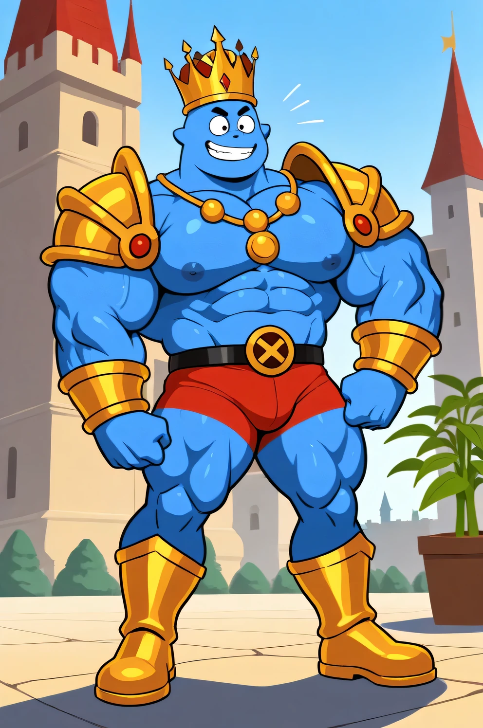 Score_9_up, score_8_up, score_7_up, 1boy, solo, bloo, blue skin, hands, long legs, big feets,  muscular body, ginomous biceps, enormous pectorals, golden and red barbarian greek god armor, golden and brown bracelets, golden necklaces, golden king crown, golden and black belt, golden boots, wearing red underpants, teeths, bigger cartoon eyes, powerful smile expression, giant size, macro size, 50-foot size, fairytale fantasy, big castle background, outdoors, blue sky background, holding a massive giant large green beanstalk plant, jack and the beanstalk scene.