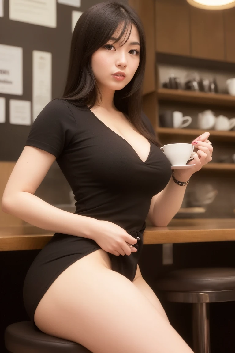 Woman, Brown Hair, Long Hair, arge Breasts, Cleavage, Jewelry, Long Evening Gown, (Sitting on Stool at home), At Home, (Eating Cup Ramen)